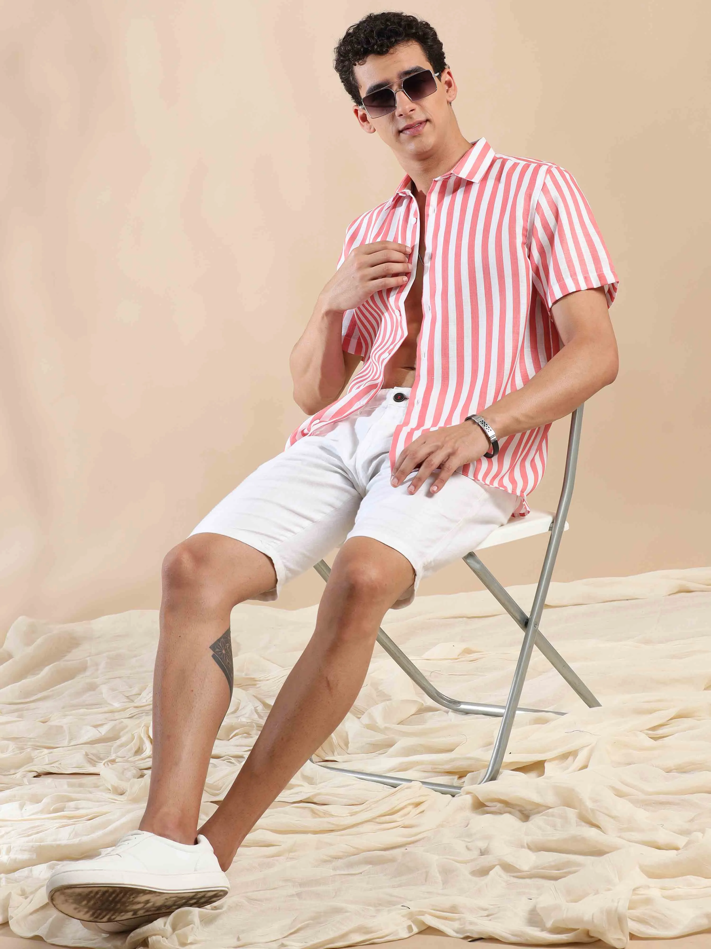 Summer Salmon Stripes Cotton Shirt