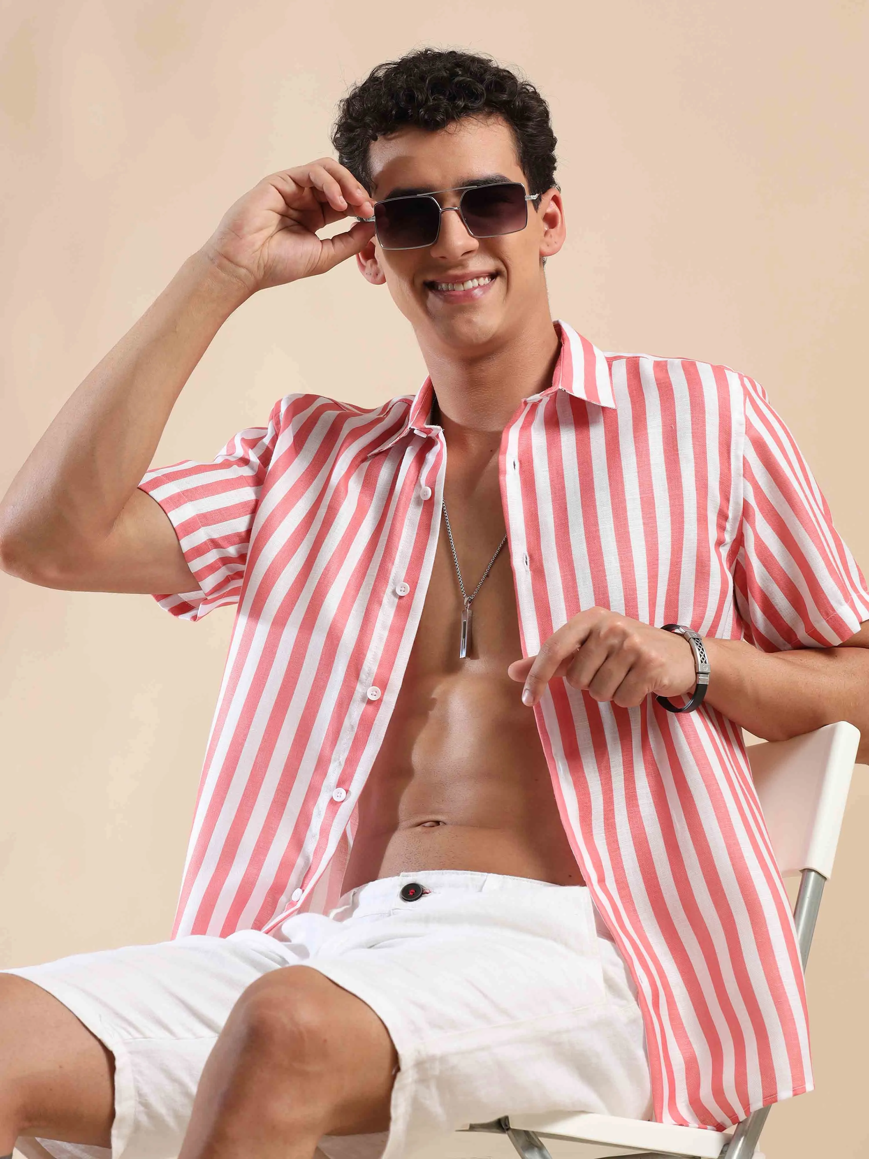Summer Salmon Stripes Cotton Shirt