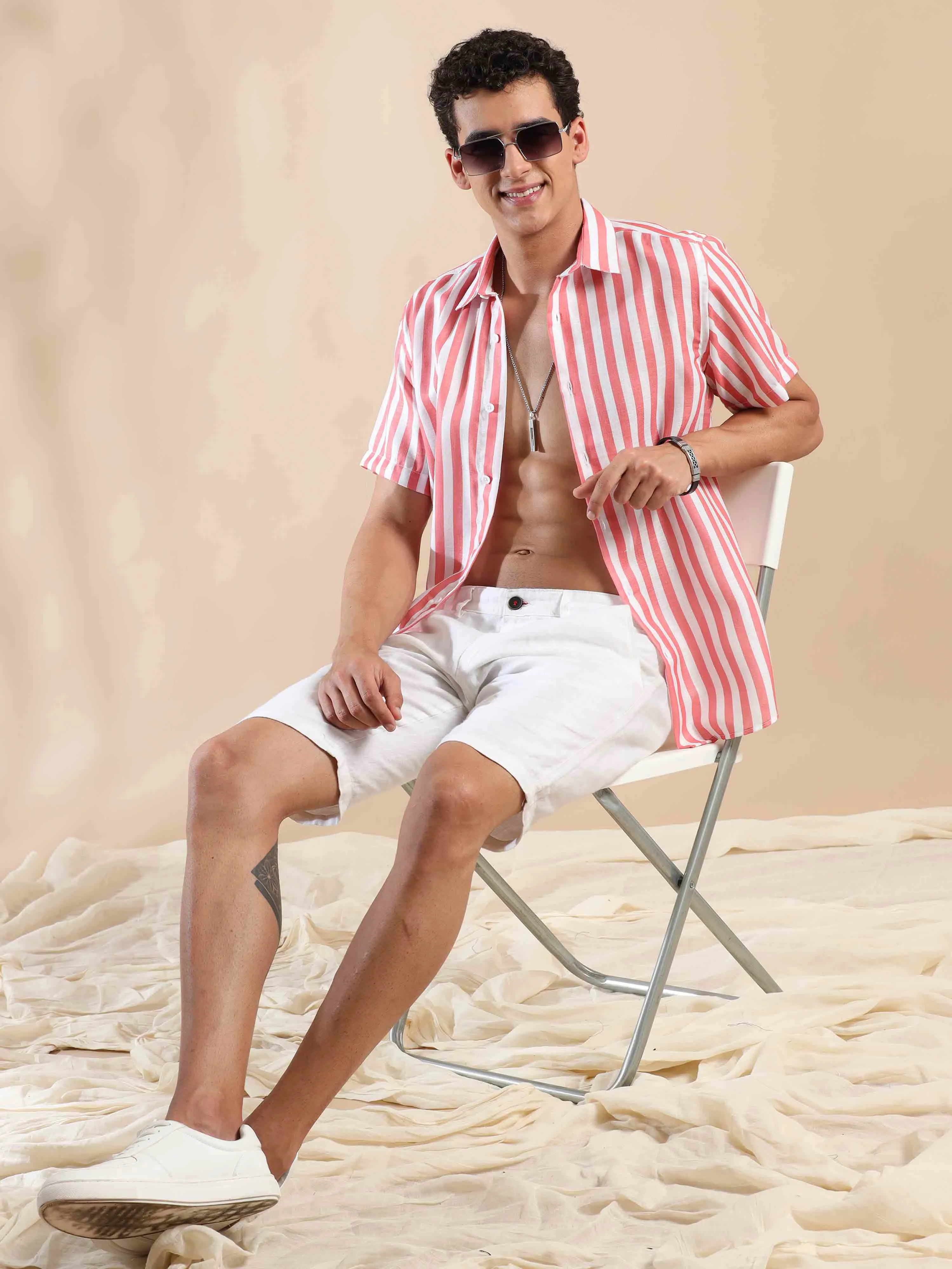 Summer Salmon Stripes Cotton Shirt