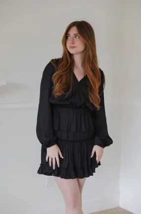 Surplice Tiered Mini Dress - Black