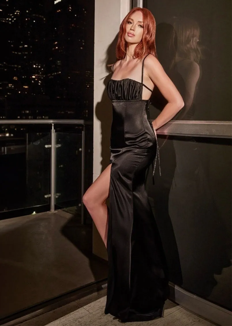 Susie Satin Fitted Maxi Bridesmaid Dress Black