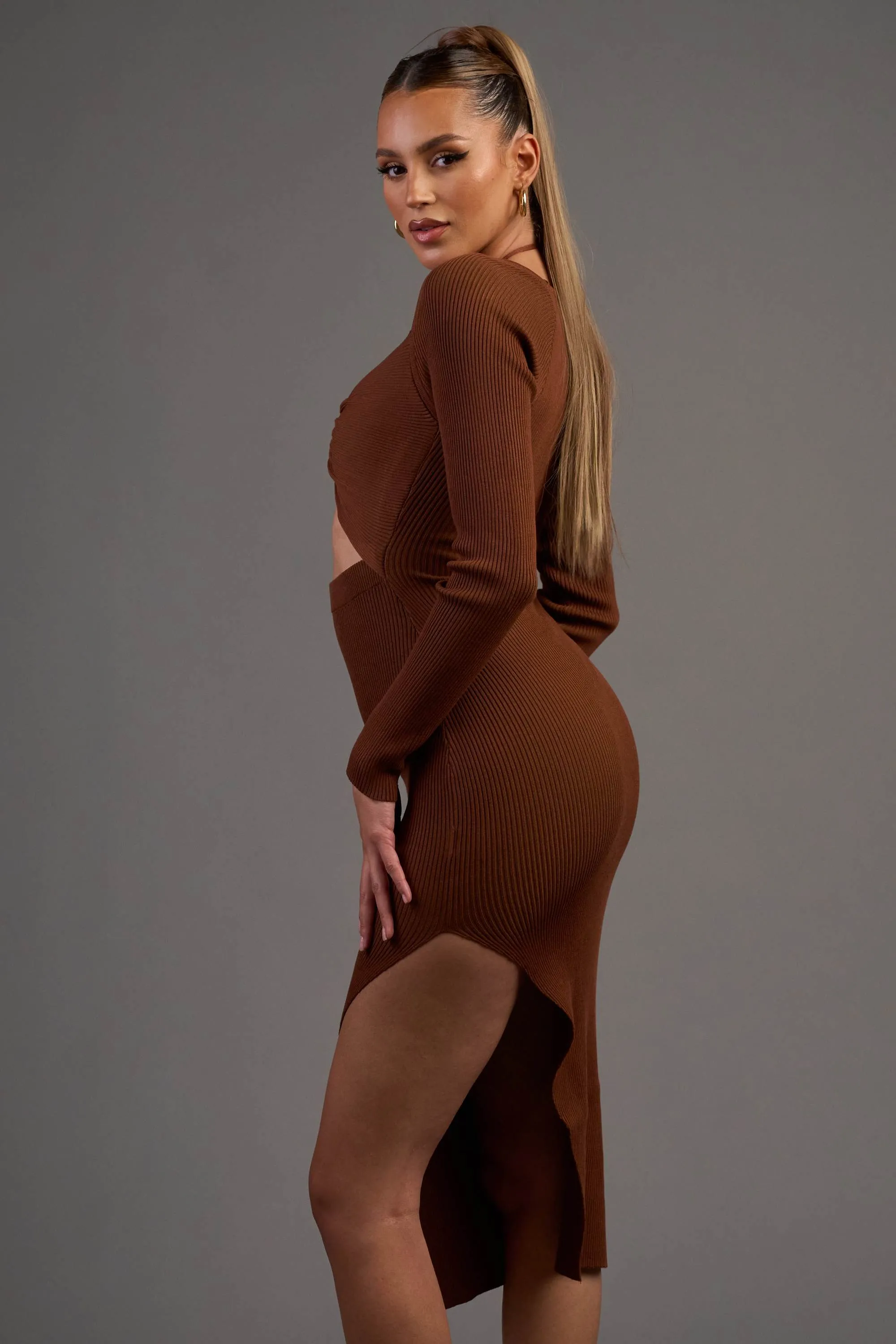 SWEATER RIB KNIT DRAWSTRING HALTER MIDI DRESS
