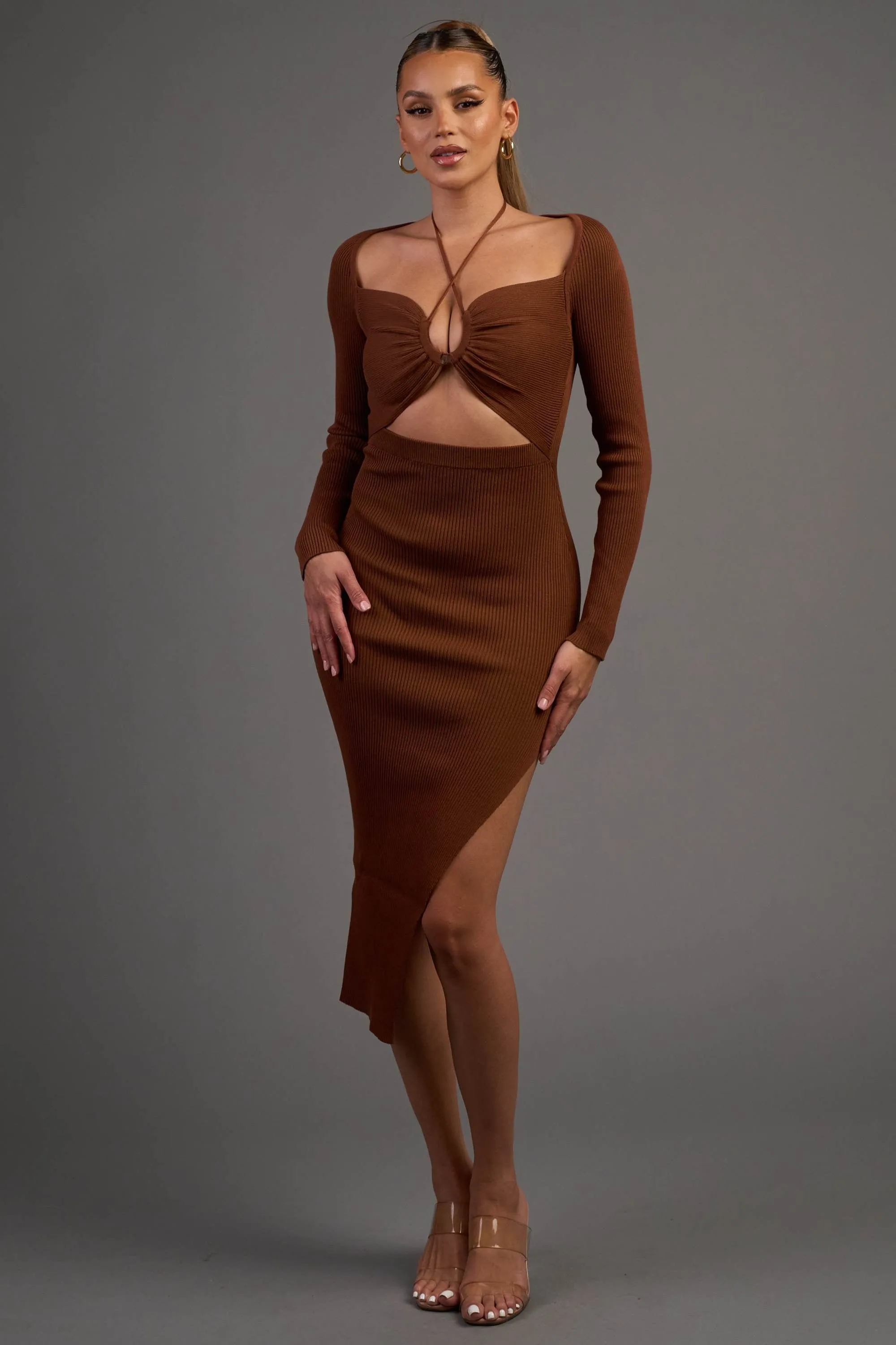 SWEATER RIB KNIT DRAWSTRING HALTER MIDI DRESS