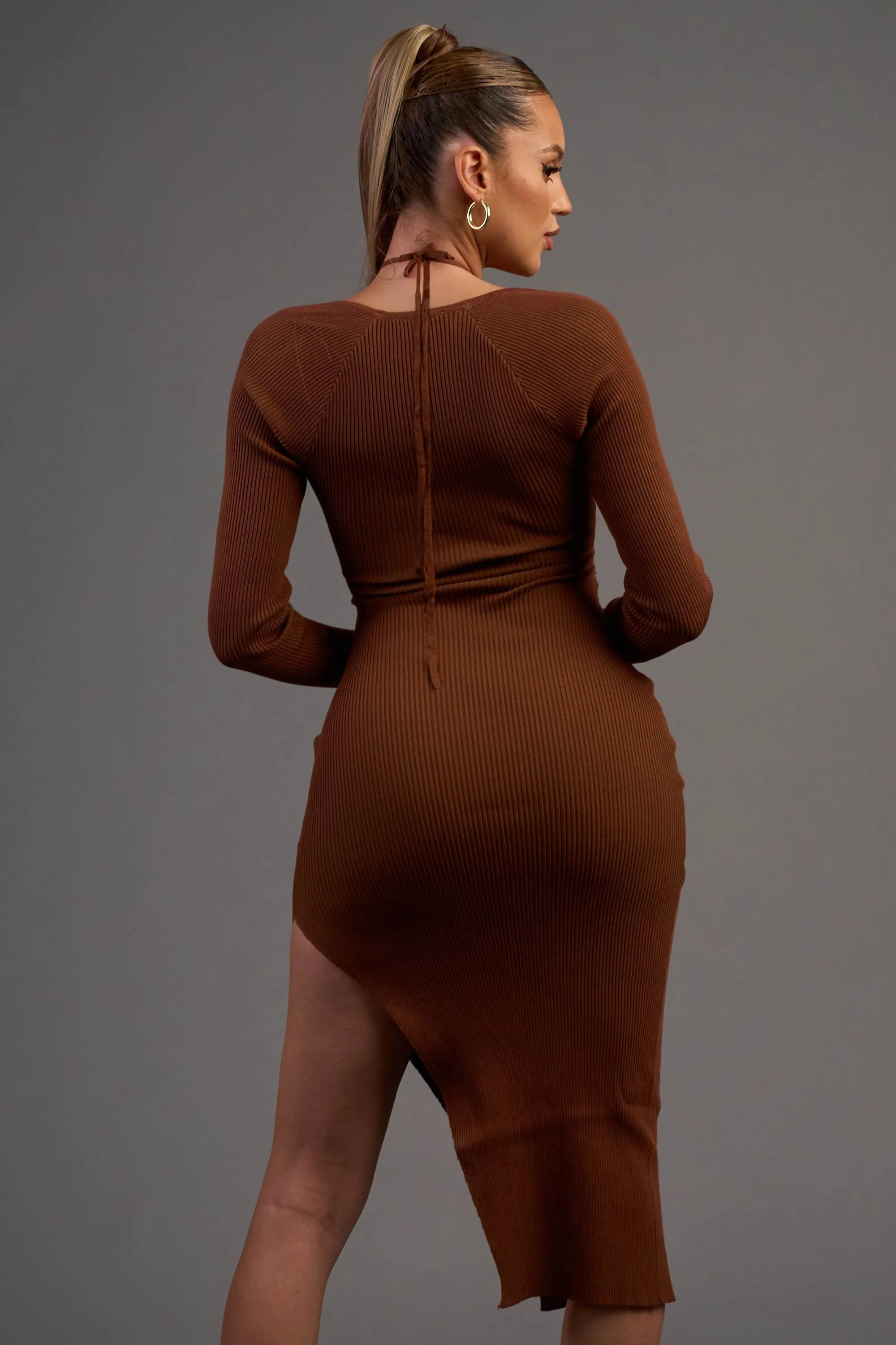 SWEATER RIB KNIT DRAWSTRING HALTER MIDI DRESS