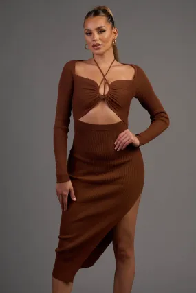 SWEATER RIB KNIT DRAWSTRING HALTER MIDI DRESS