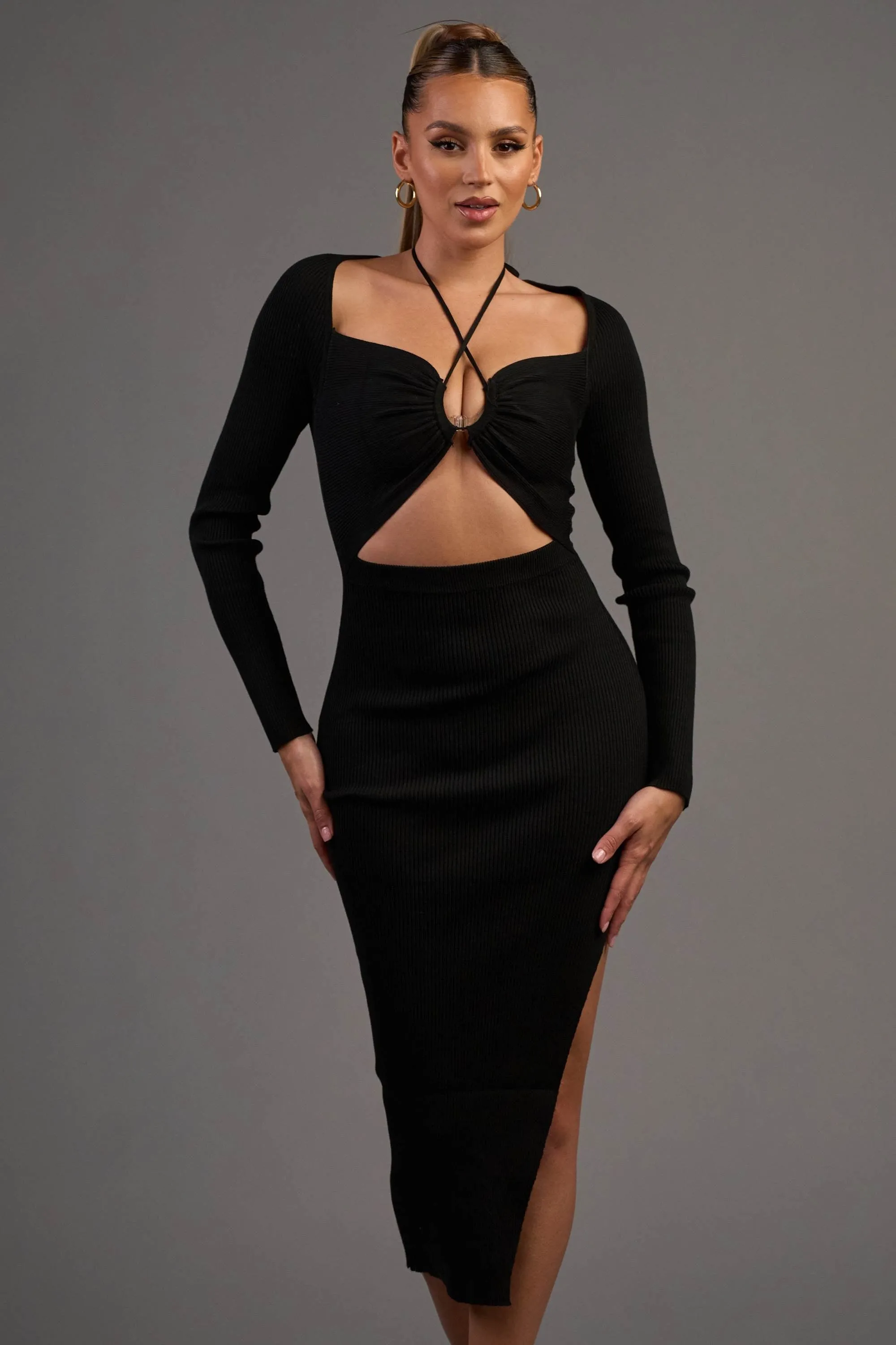 SWEATER RIB KNIT DRAWSTRING HALTER MIDI DRESS