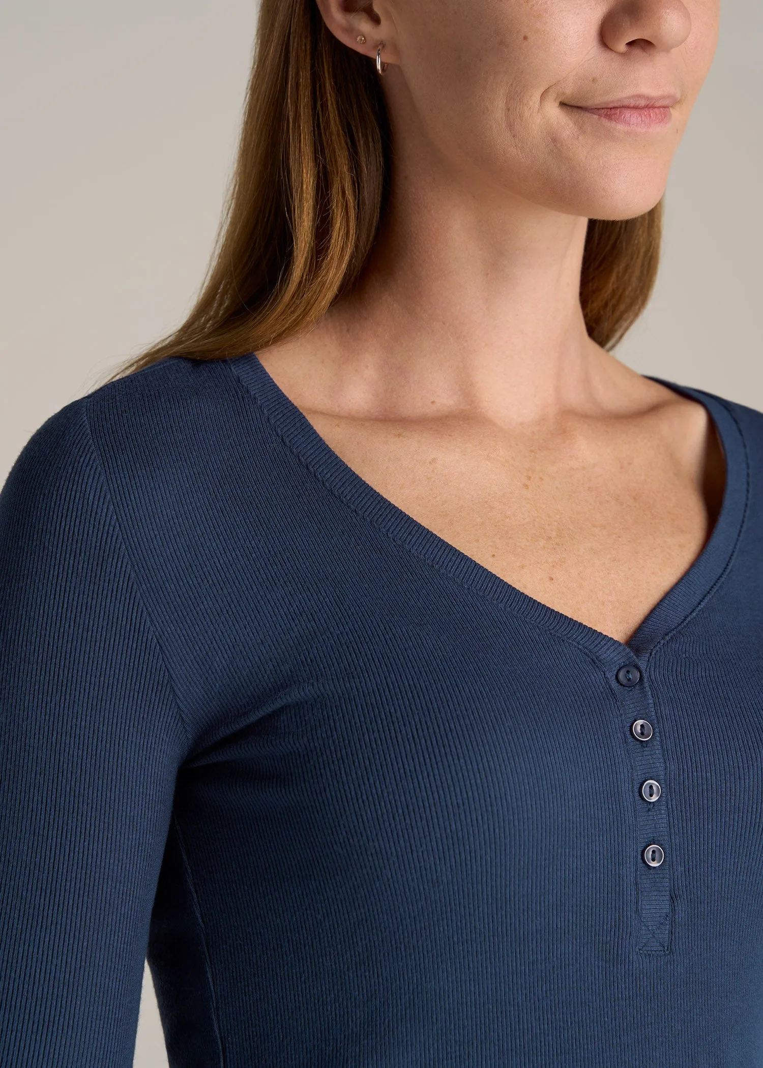 Tall Women's FITTED Ribbed Long Sleeve Henley in Navy