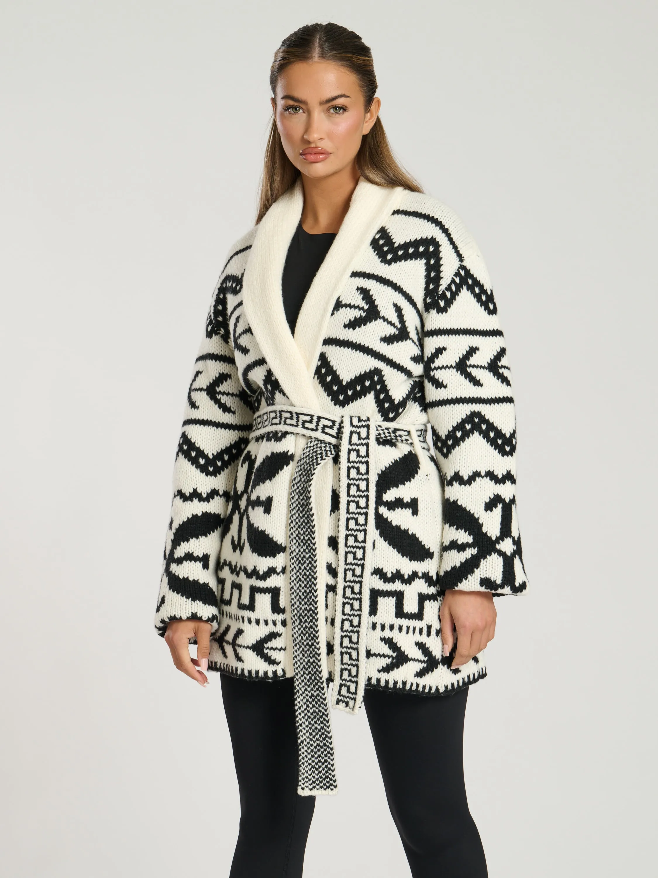 The 'Hygge' aztec tie waist cardigan in monochrome