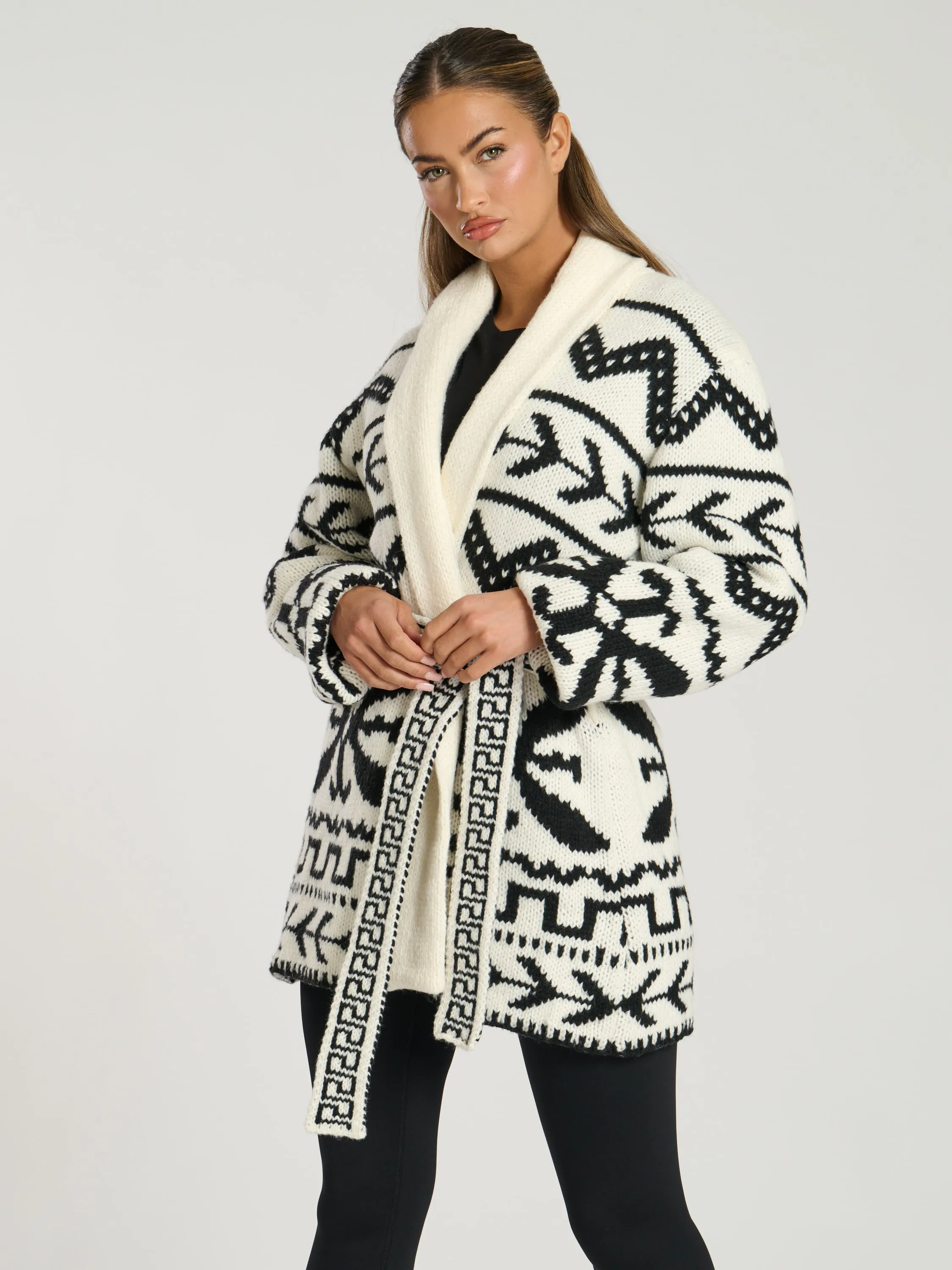 The 'Hygge' aztec tie waist cardigan in monochrome