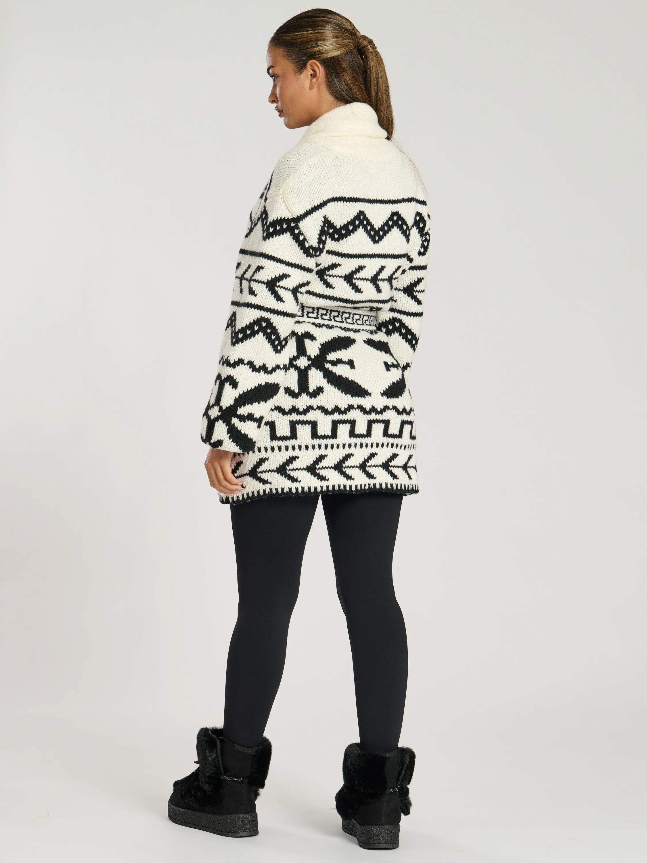 The 'Hygge' aztec tie waist cardigan in monochrome