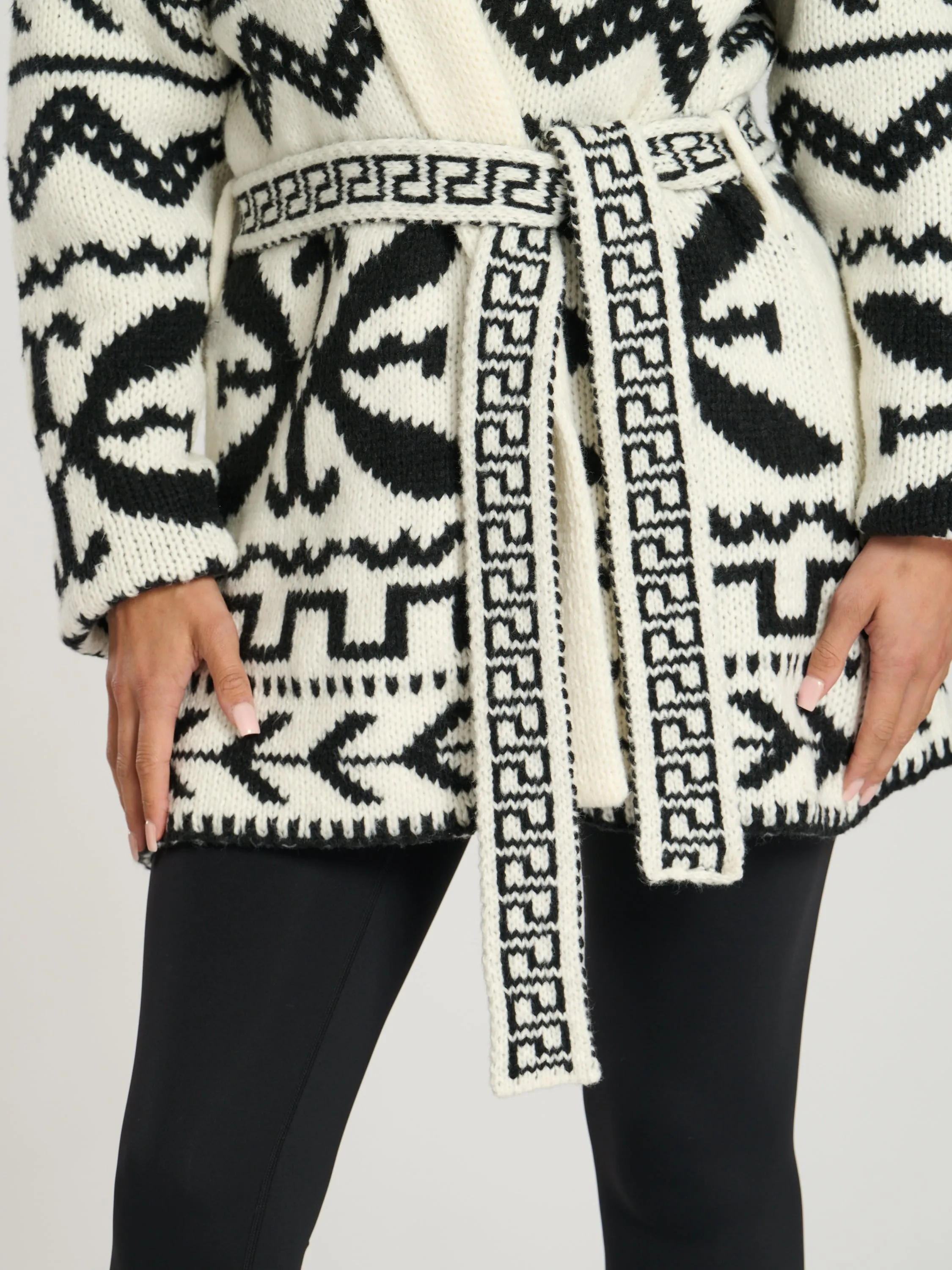 The 'Hygge' aztec tie waist cardigan in monochrome