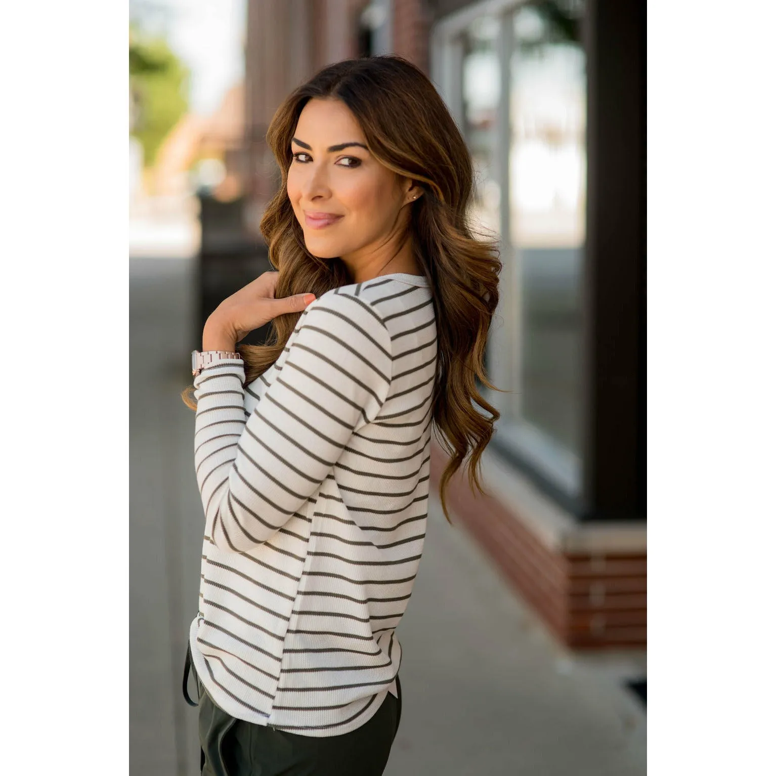 Thermal Button Top Striped Tee