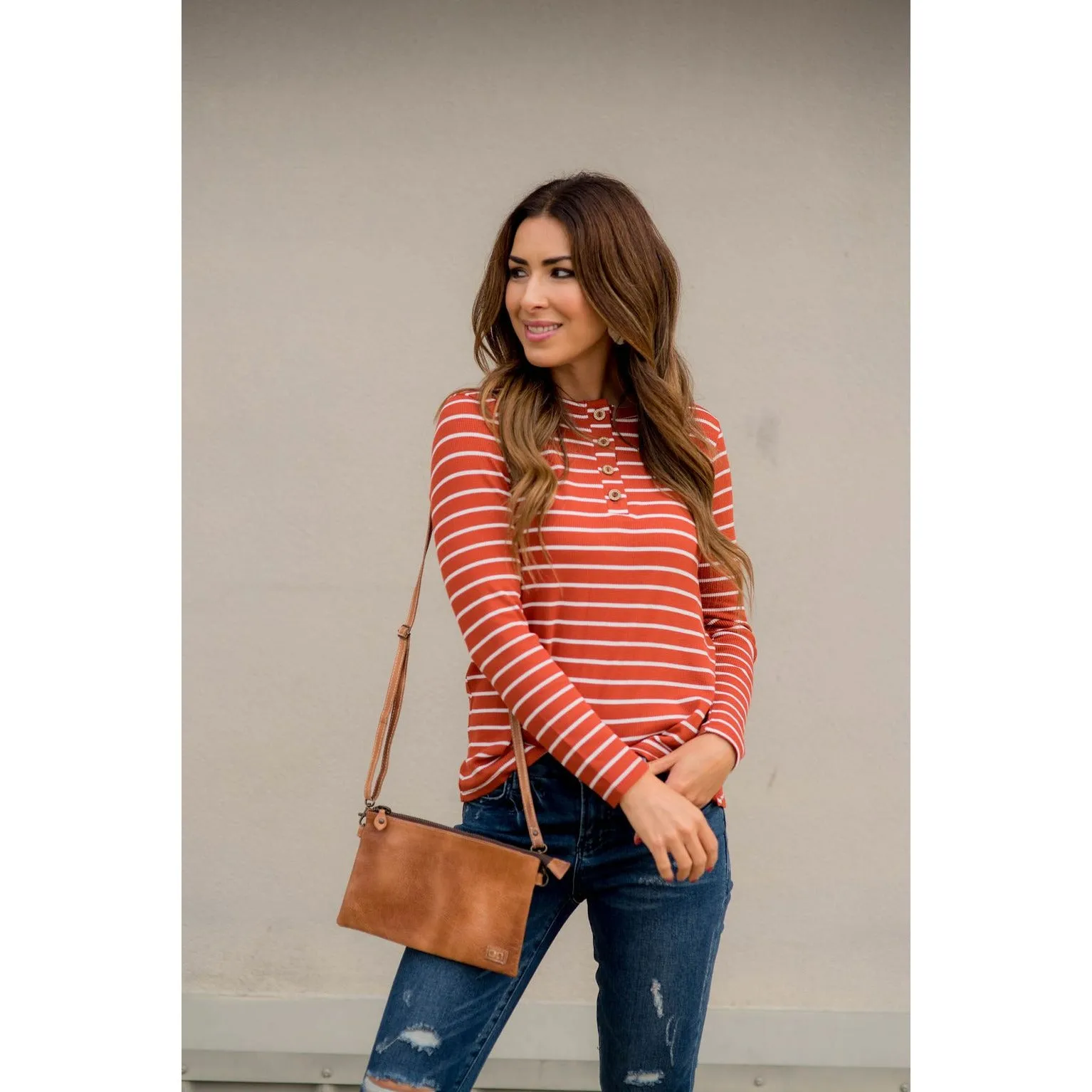 Thermal Button Top Striped Tee