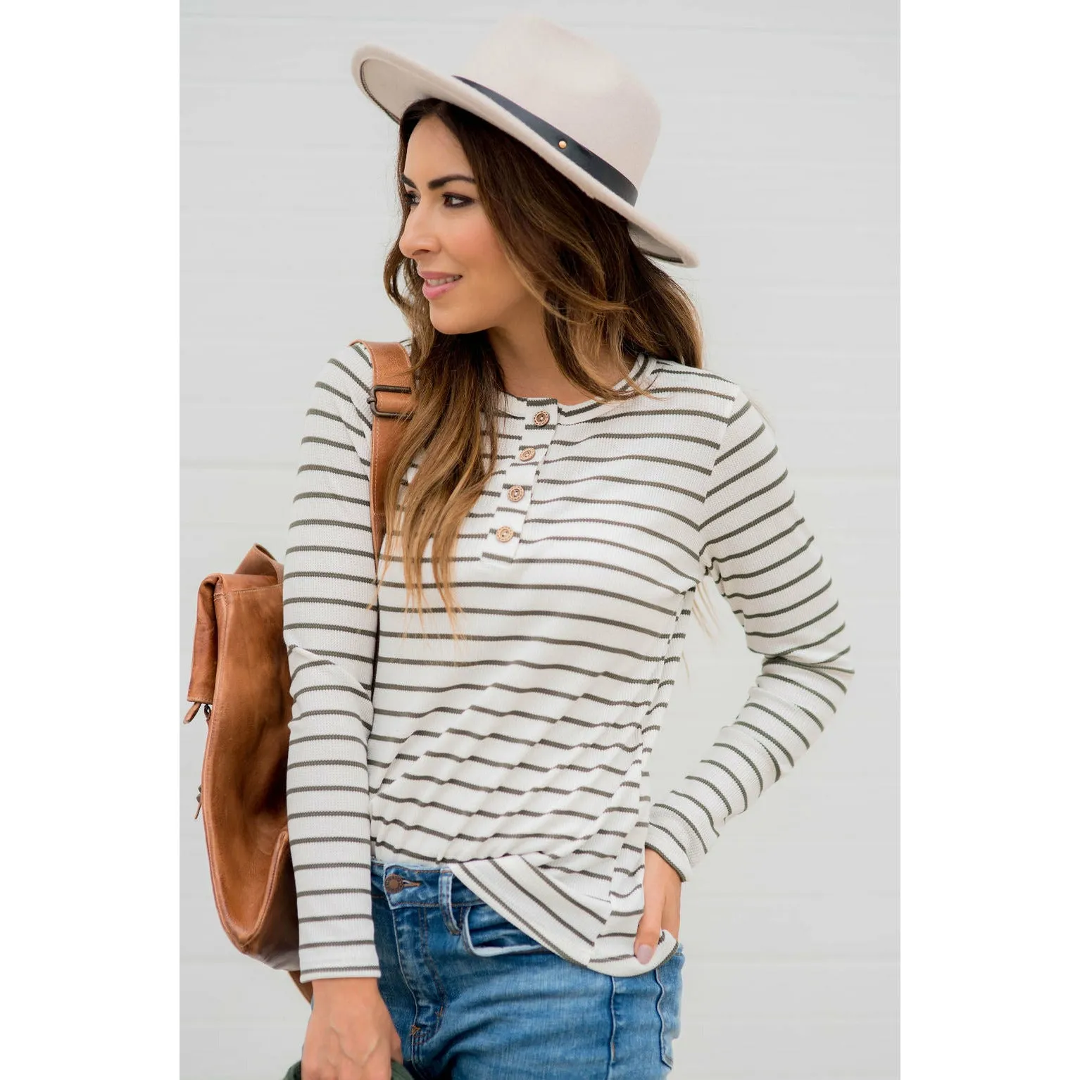 Thermal Button Top Striped Tee