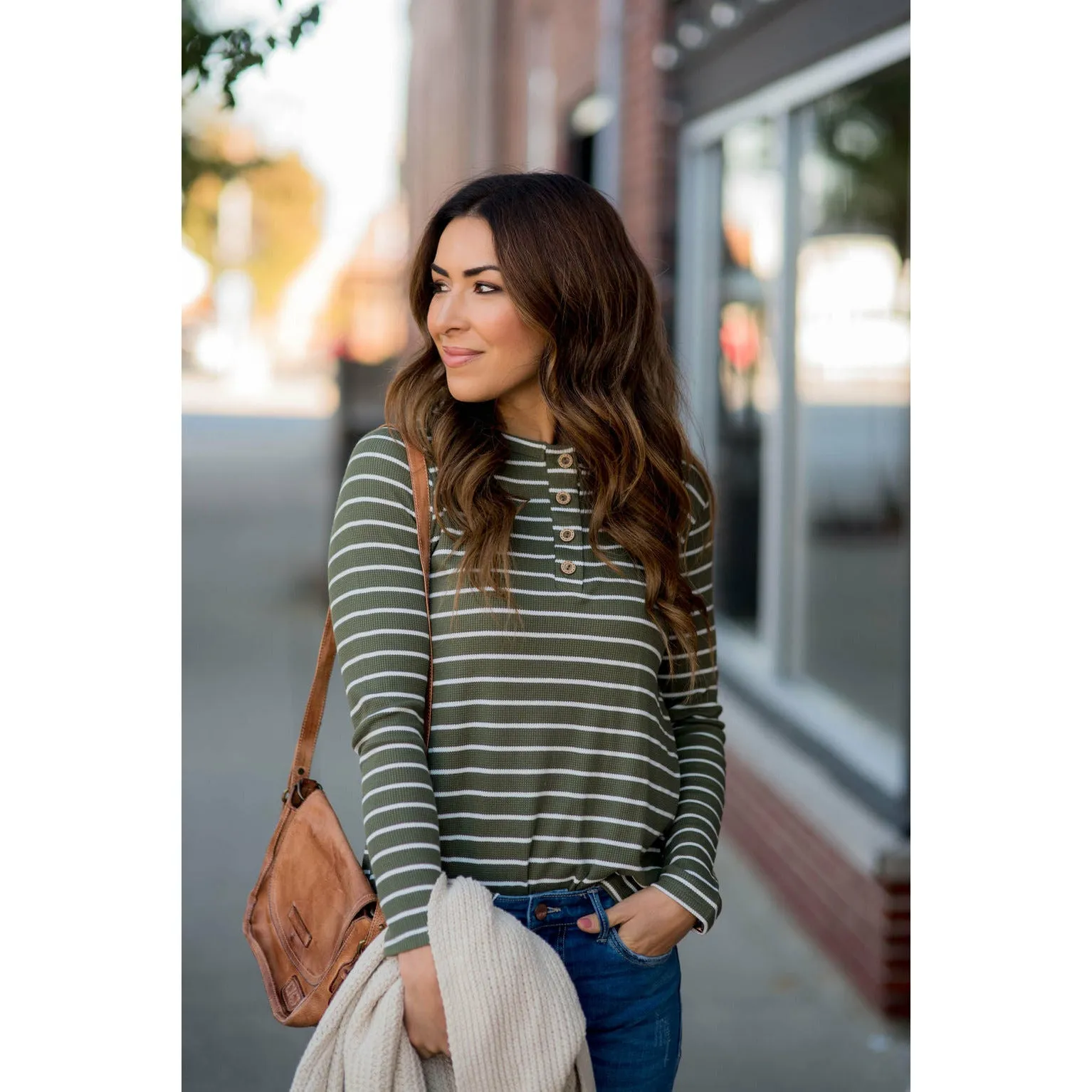 Thermal Button Top Striped Tee