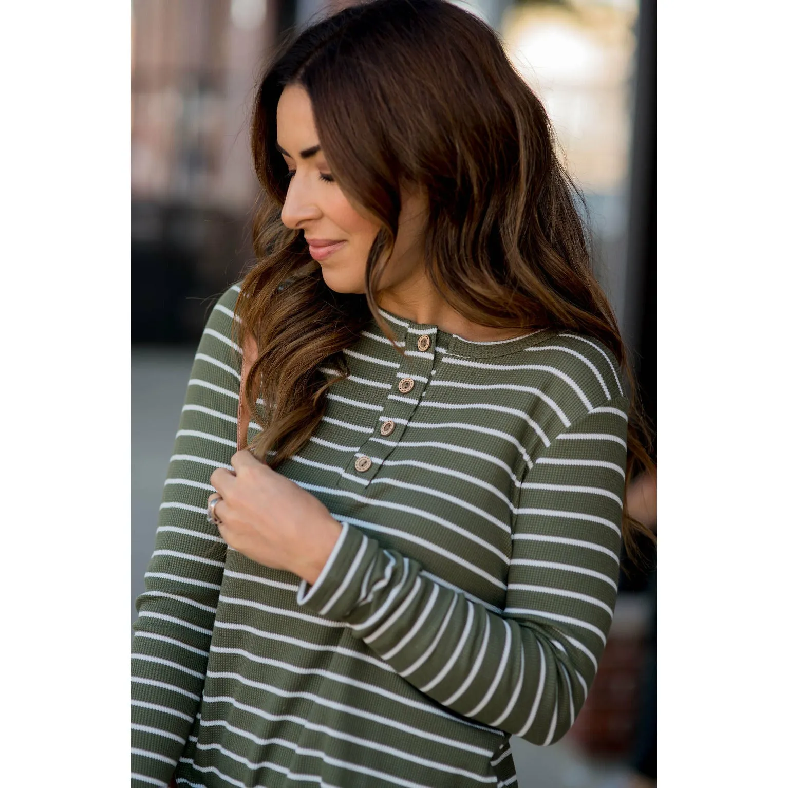 Thermal Button Top Striped Tee