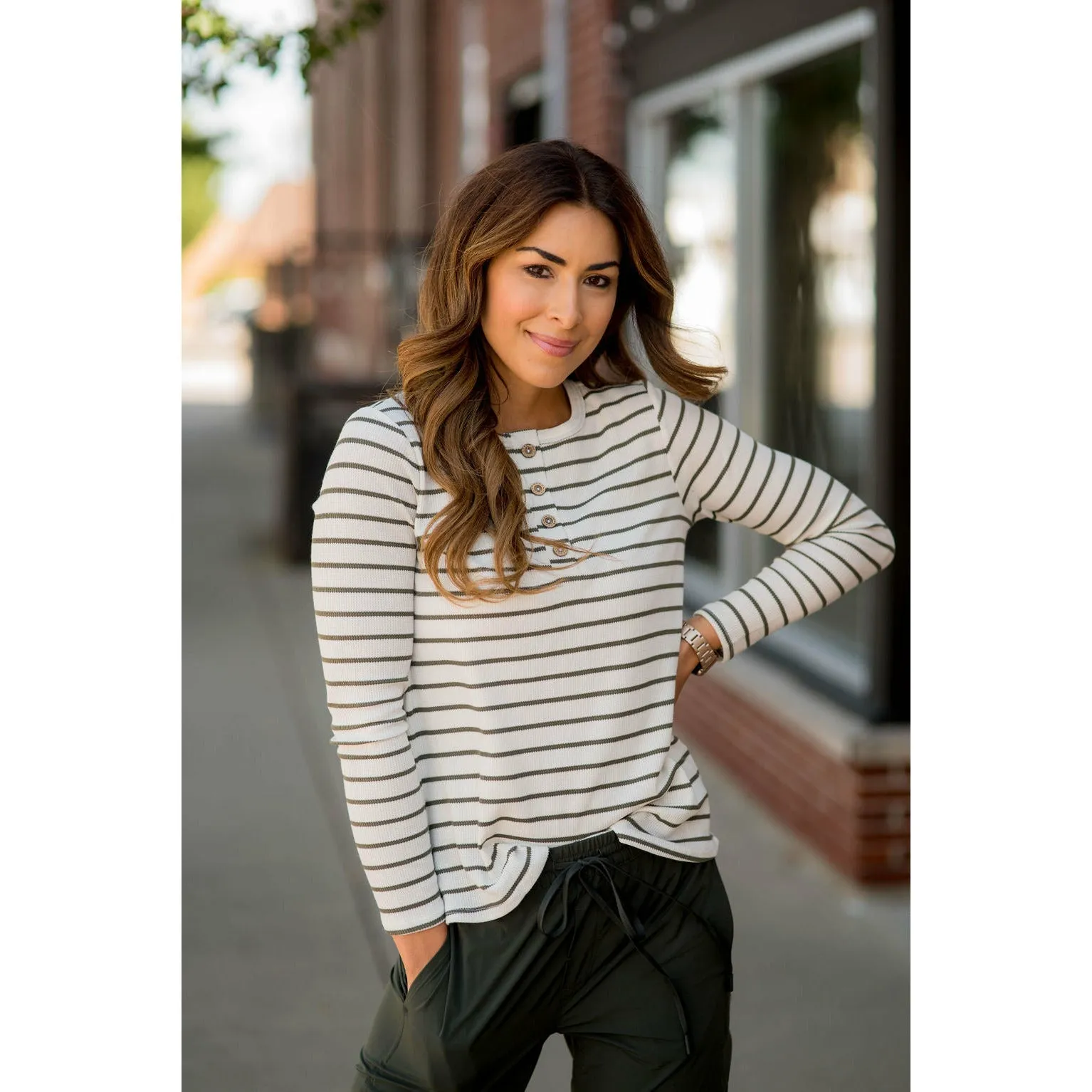 Thermal Button Top Striped Tee
