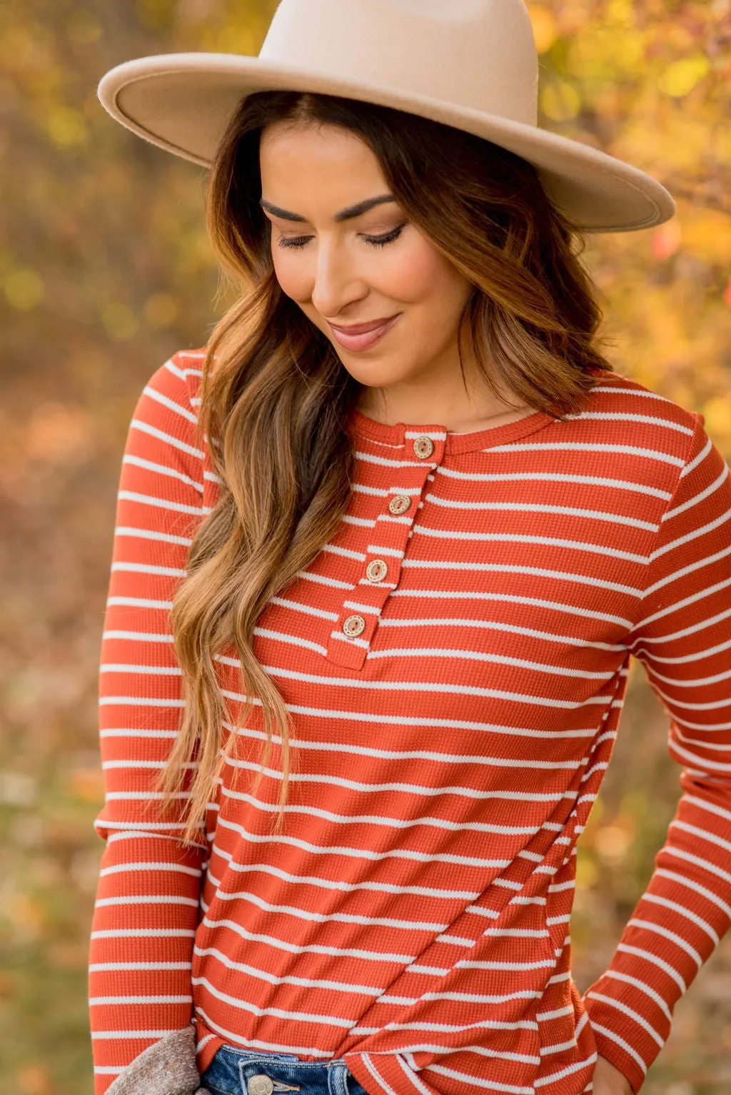 Thermal Button Top Striped Tee