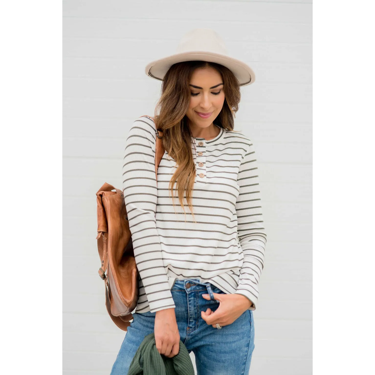 Thermal Button Top Striped Tee