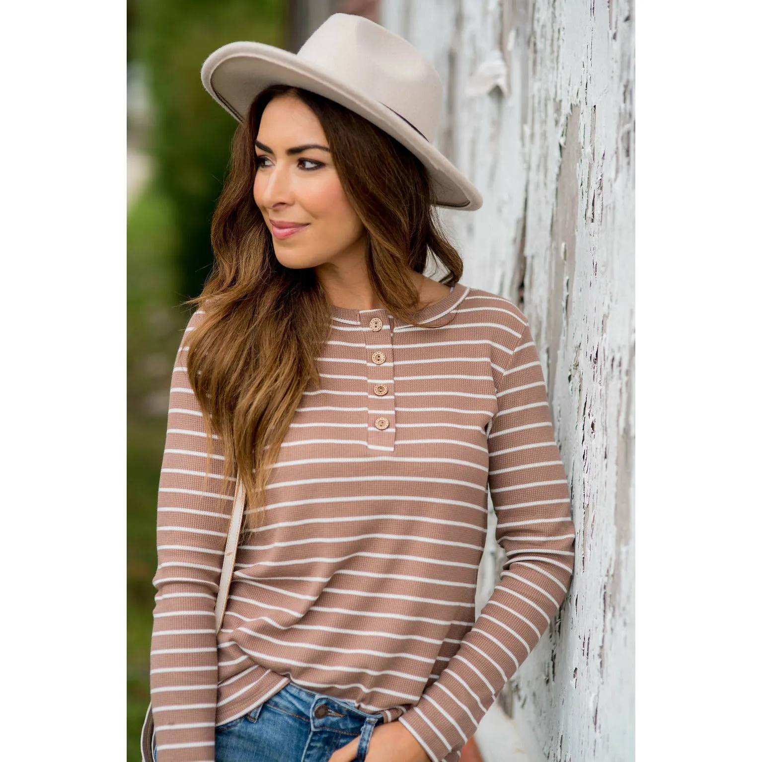 Thermal Button Top Striped Tee