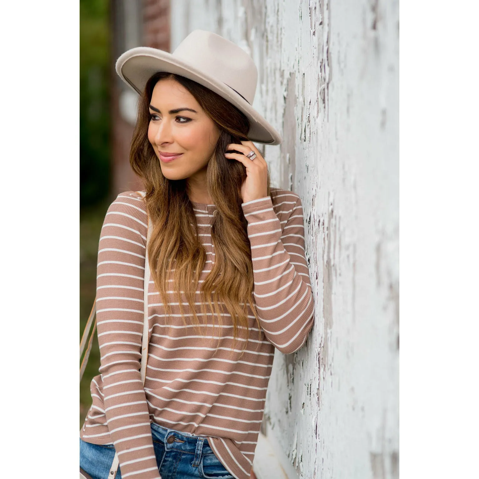 Thermal Button Top Striped Tee
