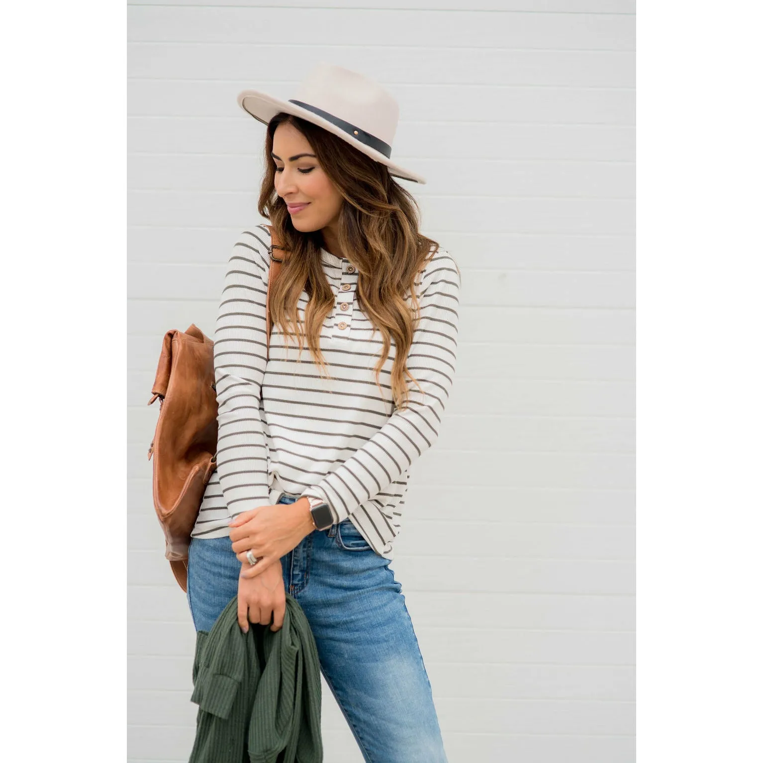 Thermal Button Top Striped Tee
