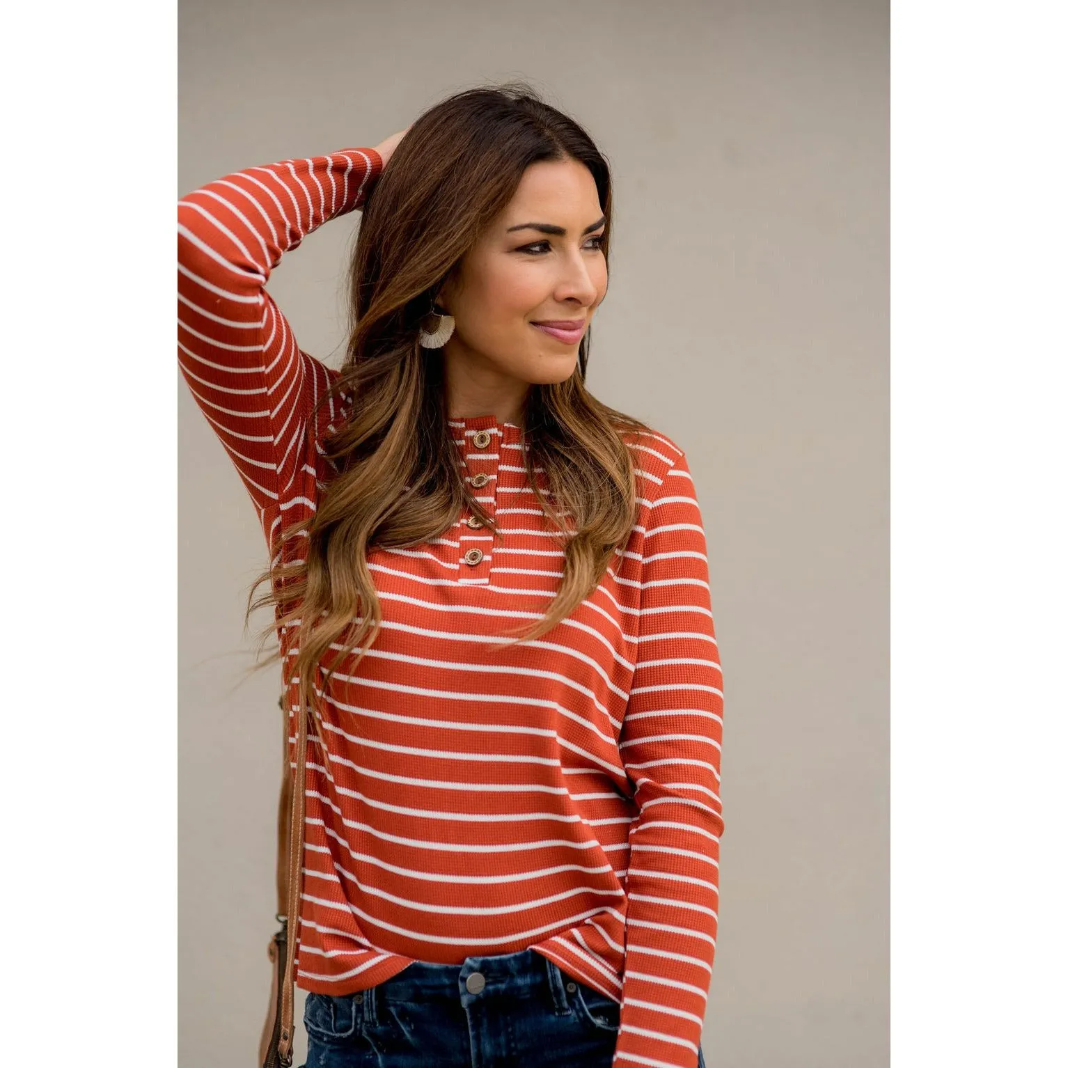 Thermal Button Top Striped Tee
