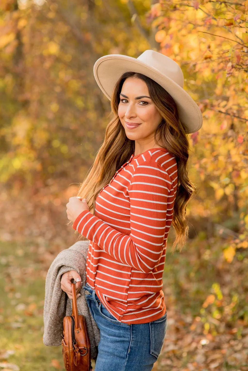 Thermal Button Top Striped Tee