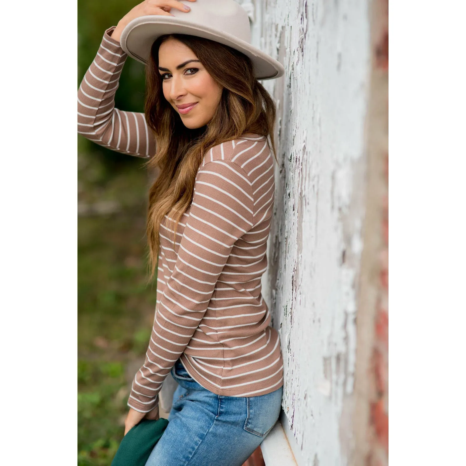 Thermal Button Top Striped Tee