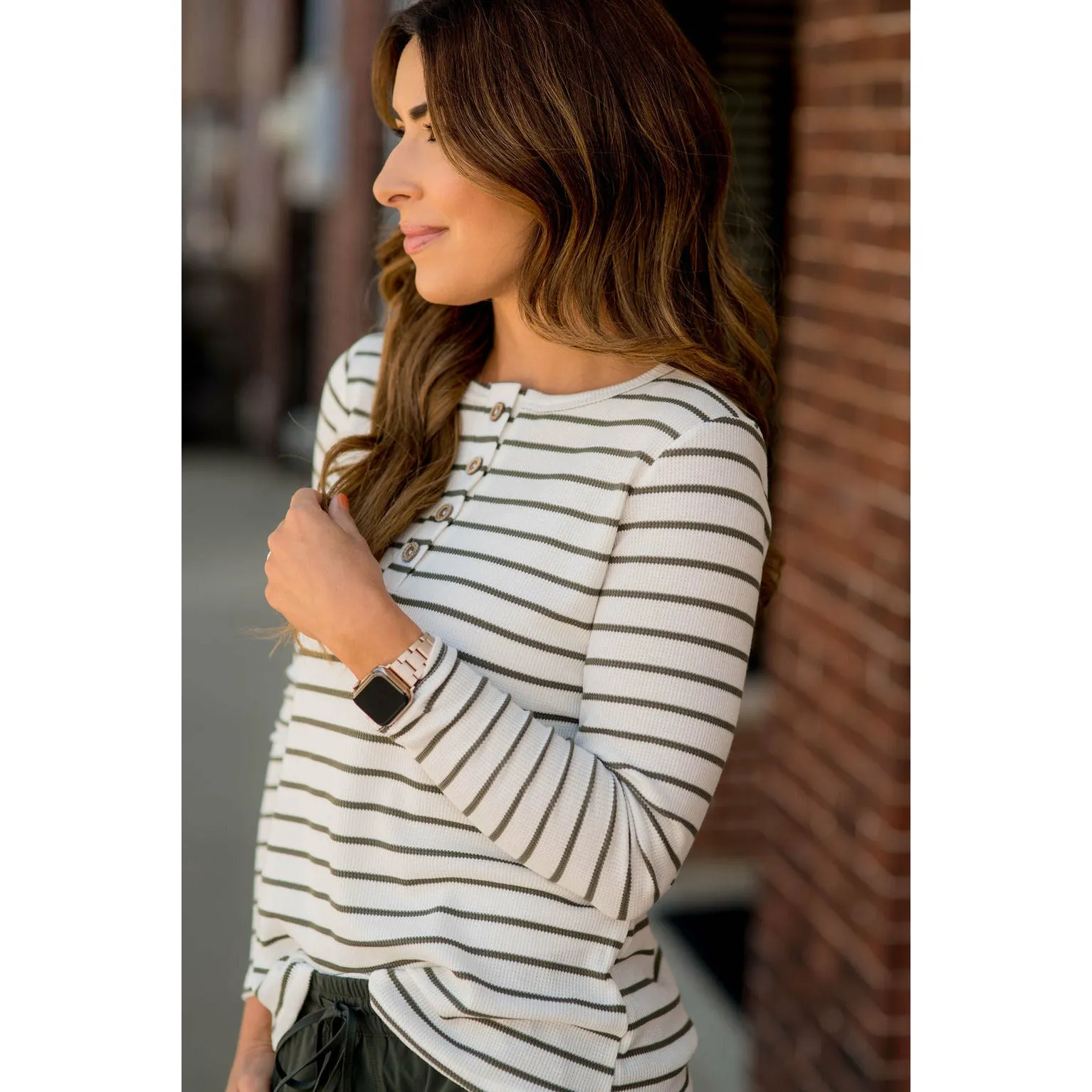 Thermal Button Top Striped Tee