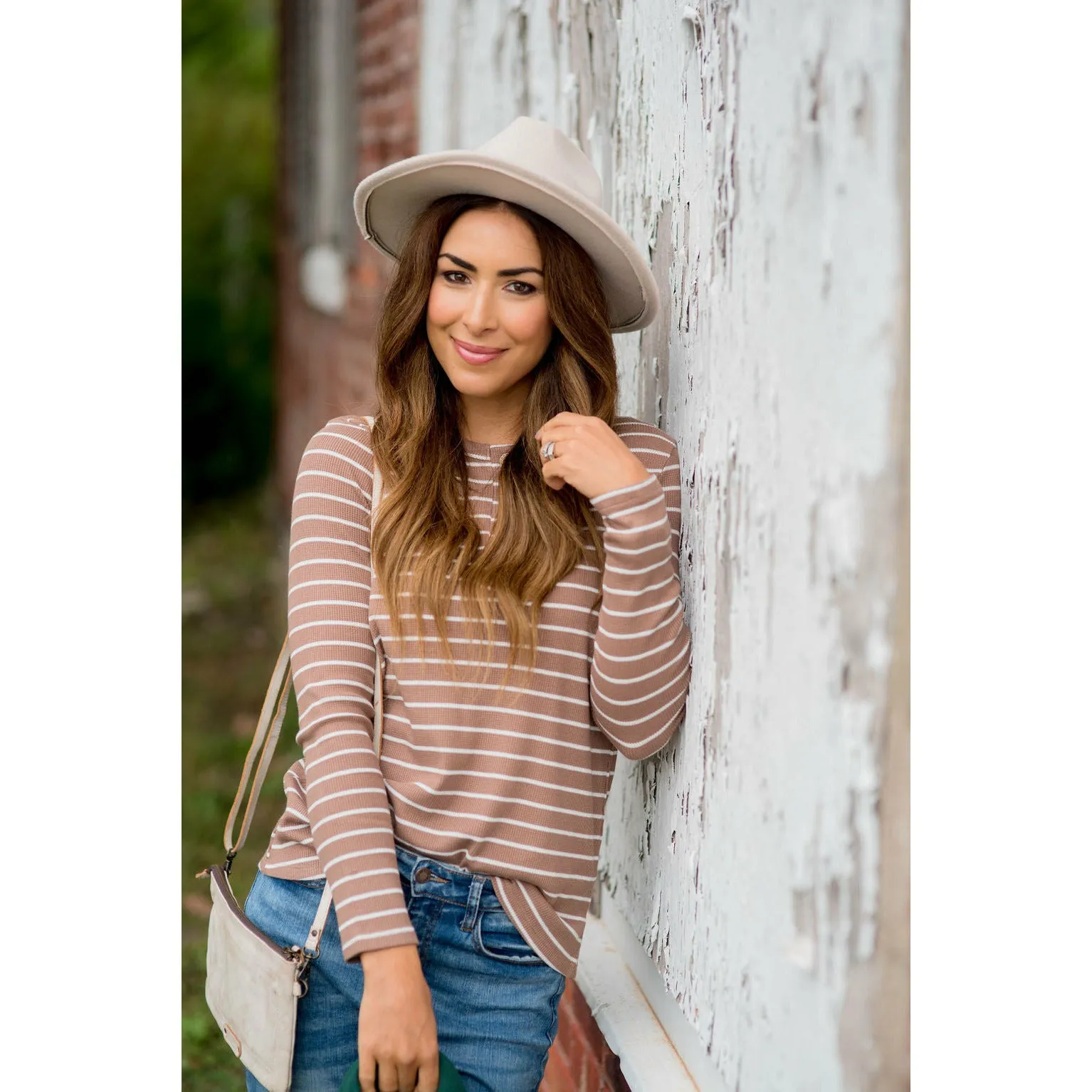 Thermal Button Top Striped Tee