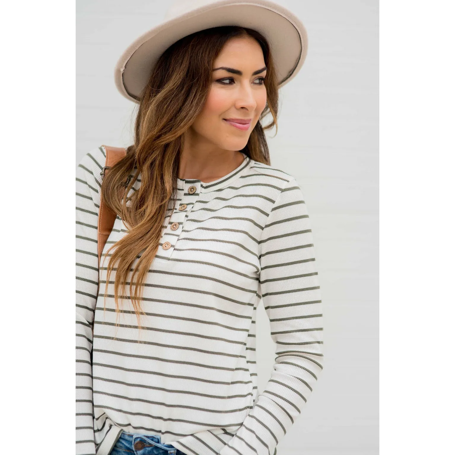 Thermal Button Top Striped Tee
