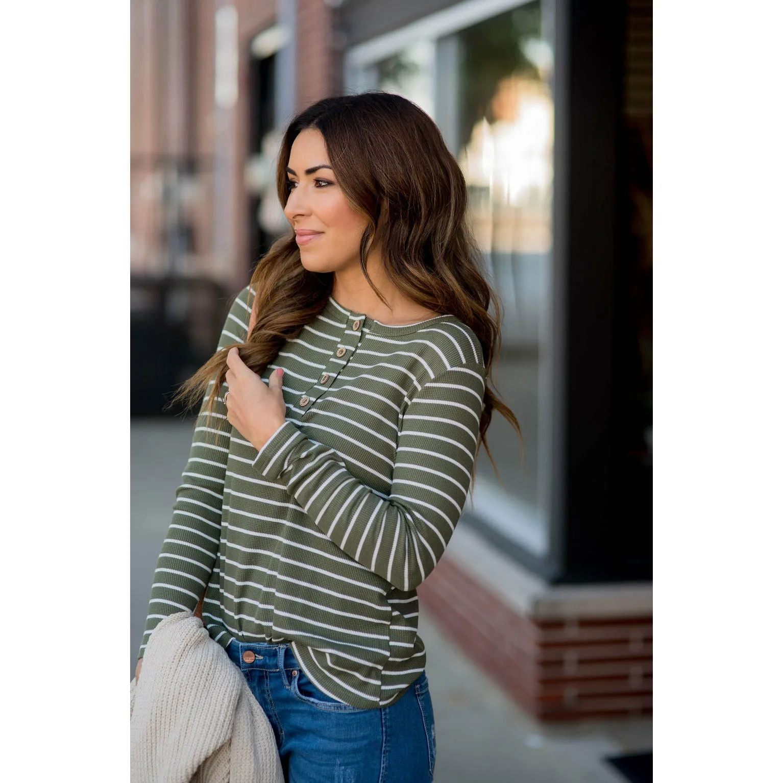 Thermal Button Top Striped Tee