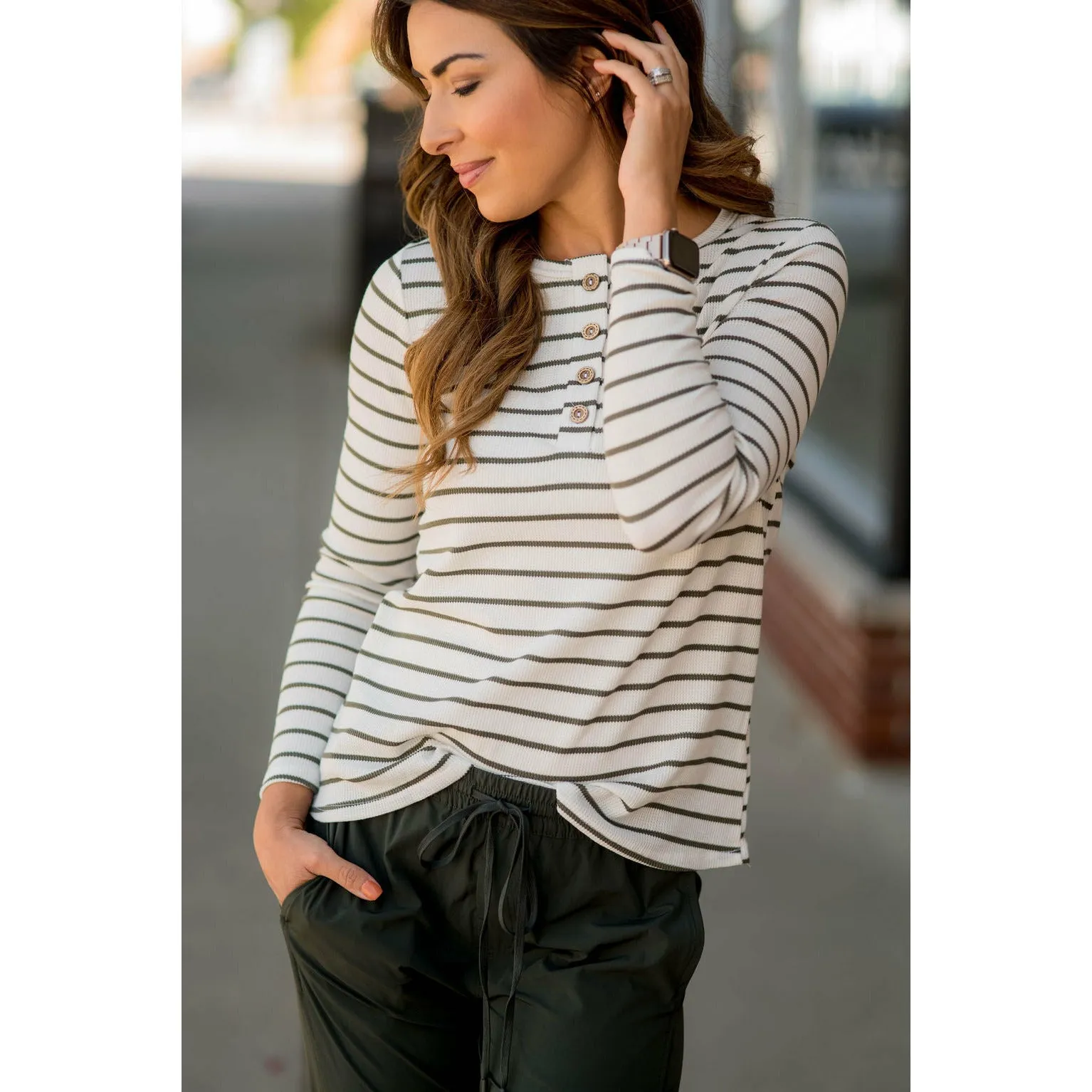 Thermal Button Top Striped Tee