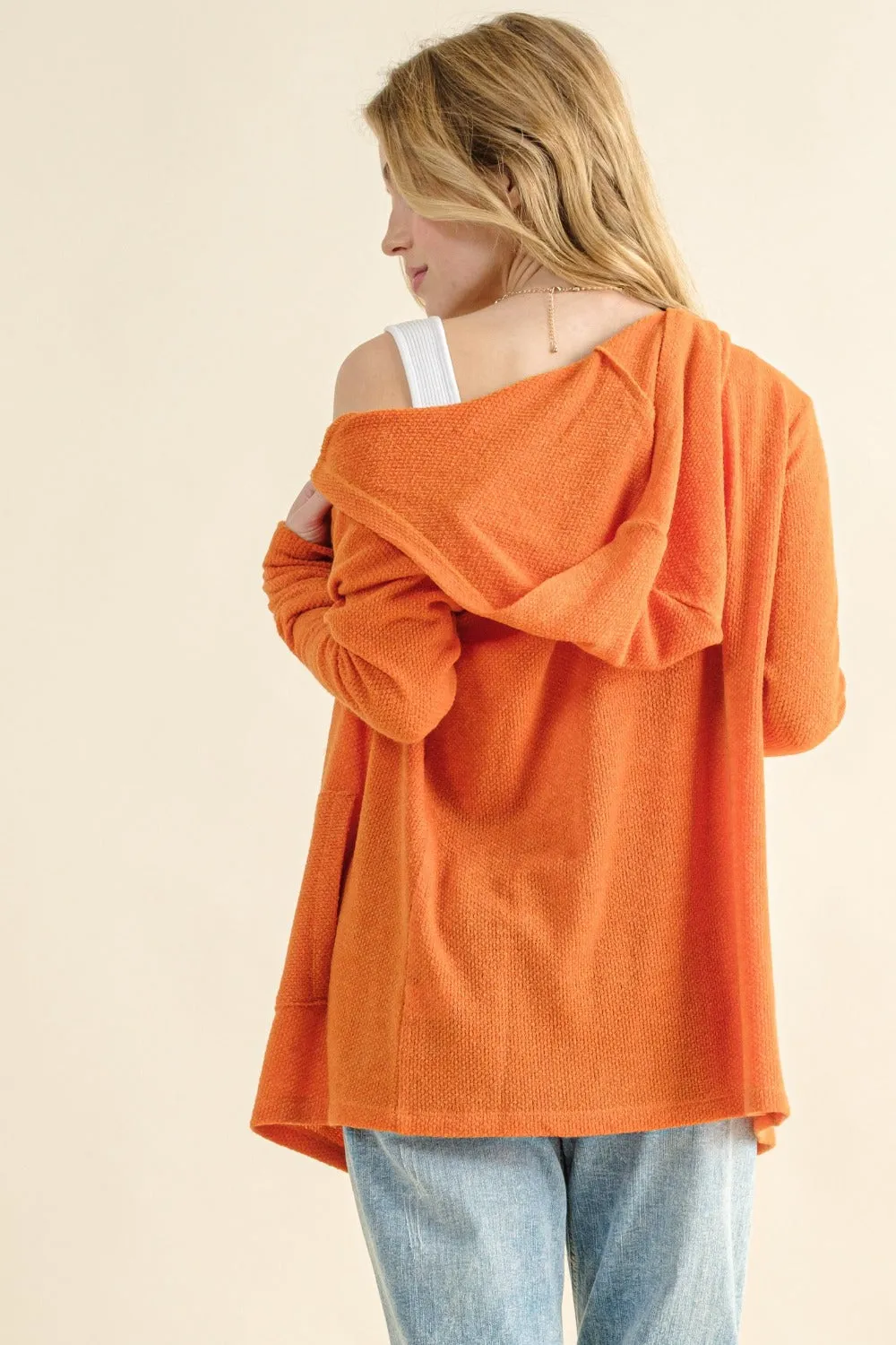 Thermal Hooded Open Front Cardigan with Pockets - Dusty Coral