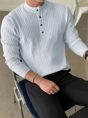 ToonTru - Heren Geribde Lange Mouw Henley Shirt met Knoopsluiting