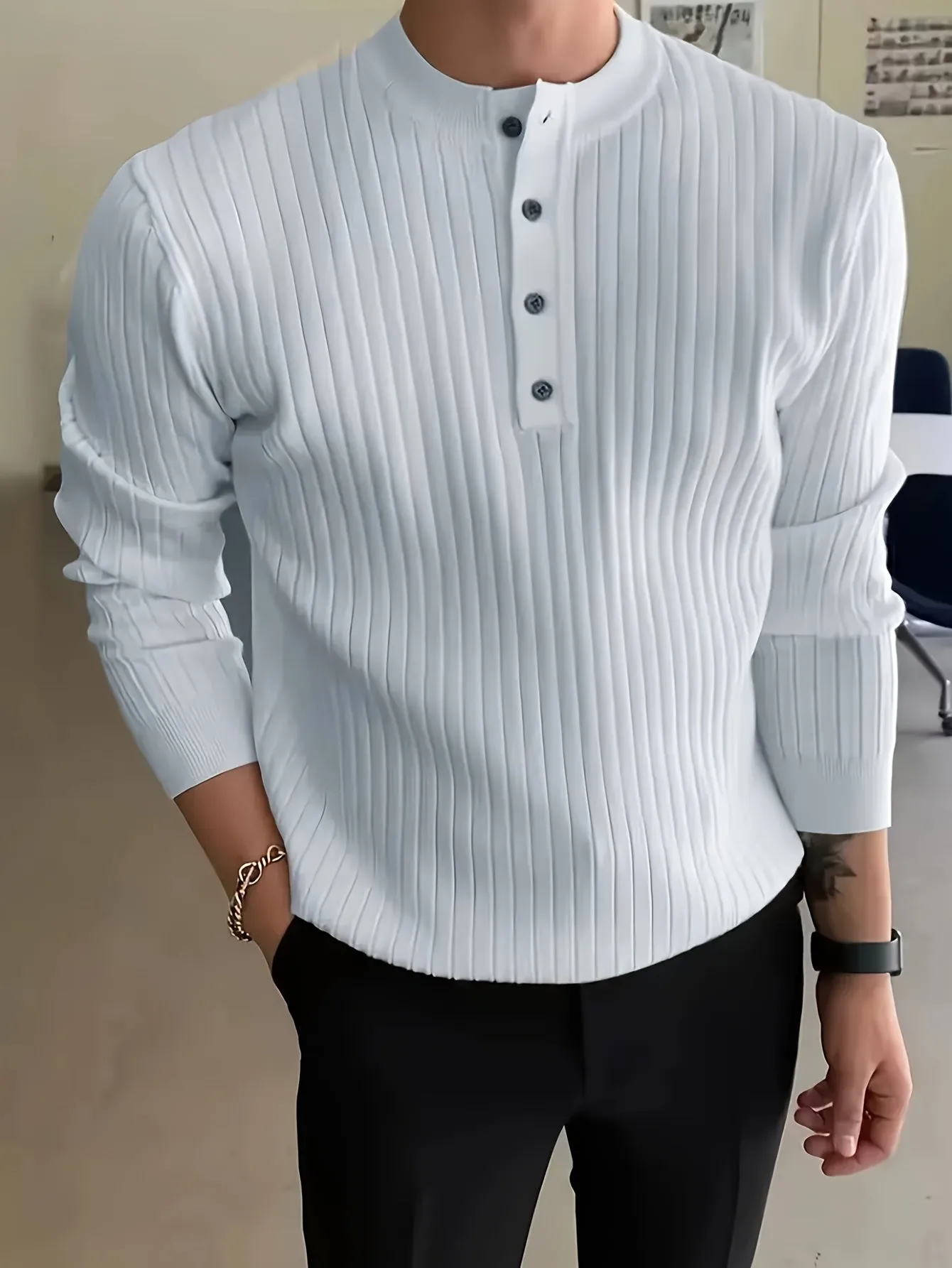ToonTru - Heren Geribde Lange Mouw Henley Shirt met Knoopsluiting