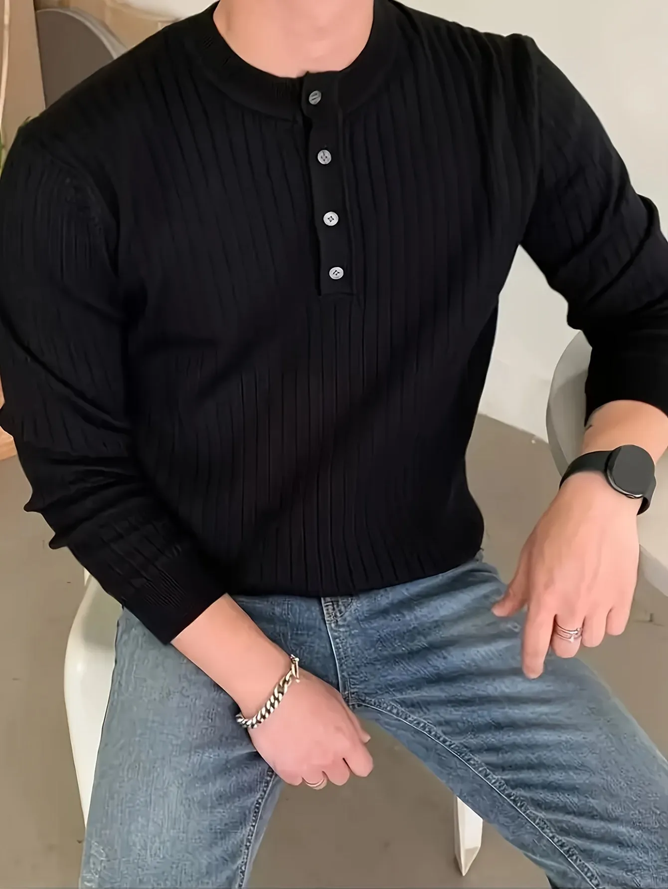 ToonTru - Heren Geribde Lange Mouw Henley Shirt met Knoopsluiting