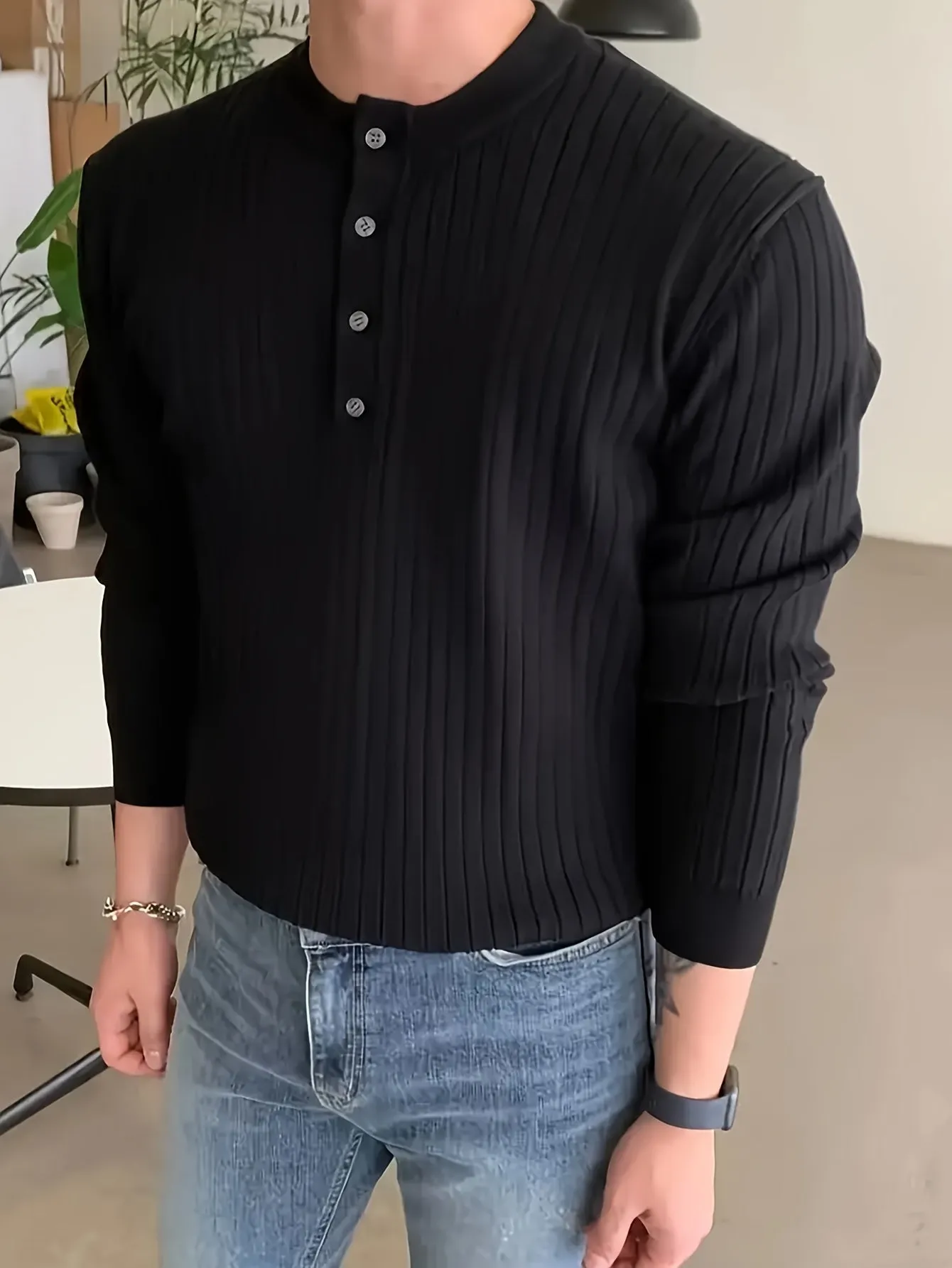ToonTru - Heren Geribde Lange Mouw Henley Shirt met Knoopsluiting