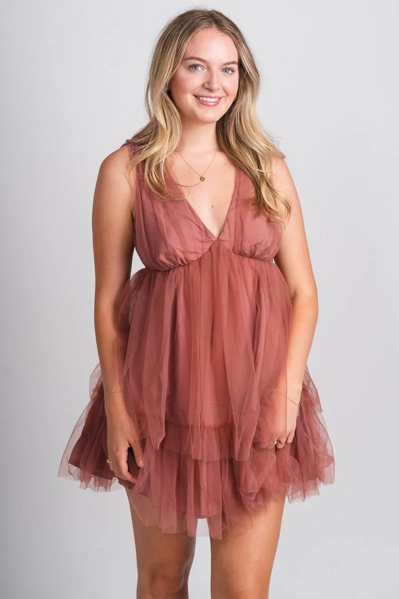 Tulle layered mini dress mauve