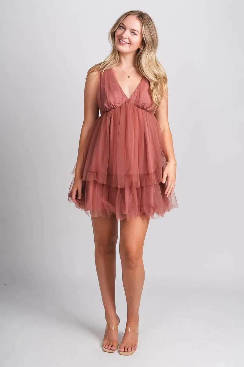 Tulle layered mini dress mauve