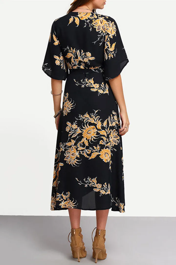 V-Neck Floral Print Wrap Dress in Midnight
