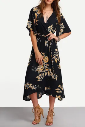 V-Neck Floral Print Wrap Dress in Midnight