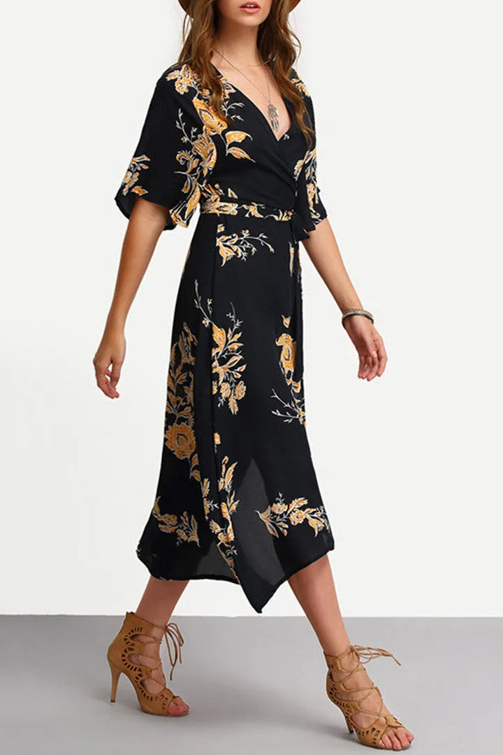 V-Neck Floral Print Wrap Dress in Midnight
