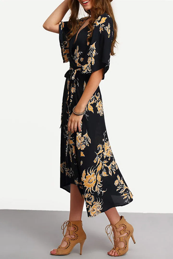 V-Neck Floral Print Wrap Dress in Midnight