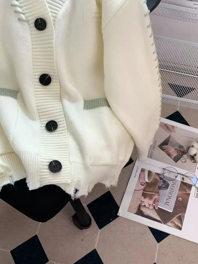 V-neck Ripped Soft Single-breasted Cardigan
