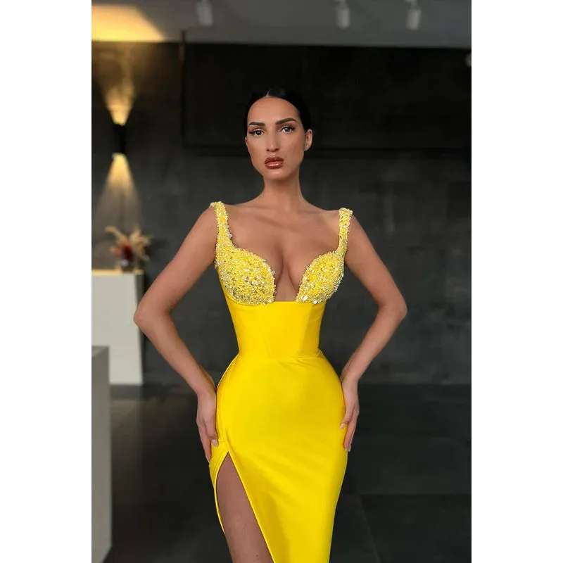 V-Neck Sequined Sheath Long Prom Evening Gown With Slit
