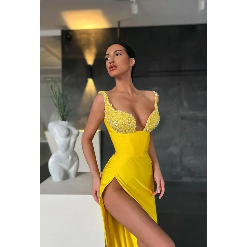 V-Neck Sequined Sheath Long Prom Evening Gown With Slit