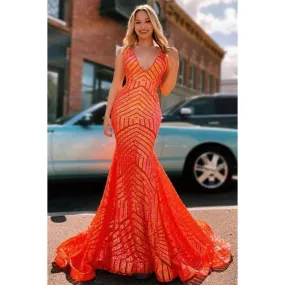 V-Neck Sleeveless Sequins Mermaid Long Prom Evening Dress With Sweep Train