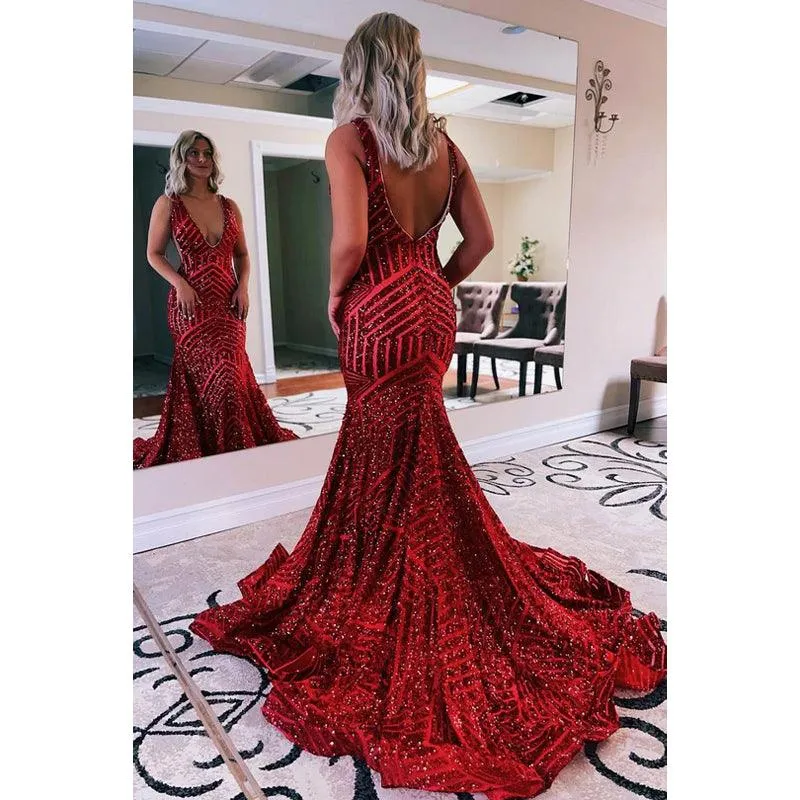 V-Neck Sleeveless Sequins Mermaid Long Prom Evening Dress With Sweep Train
